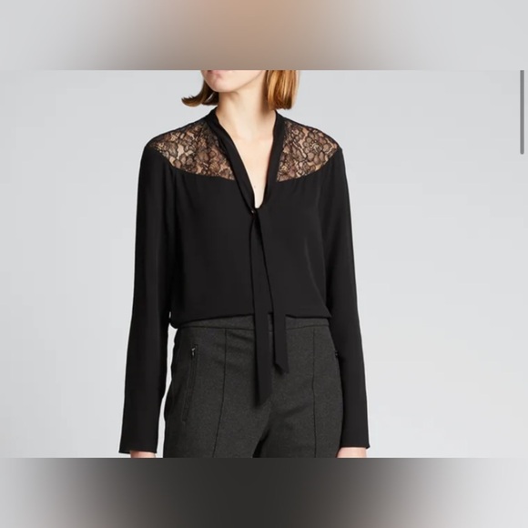 THEORY Lace Yoke Top Long-Sleeve Small Women’s Black Lace Accent Blouse Neutral - Picture 1 of 4